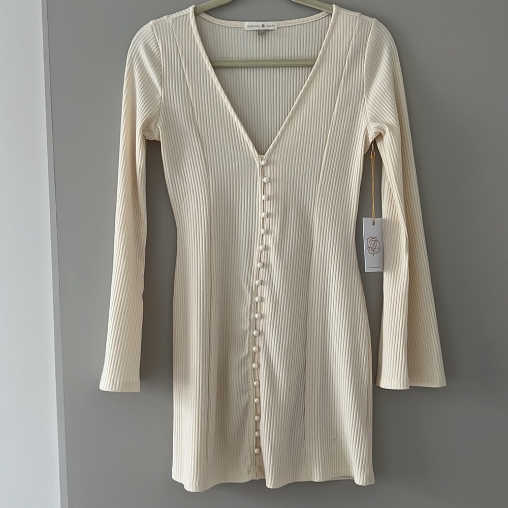 Backyard Roses Rib Cream Knit Long Sleeve Dress With Buttons NWT - Size XS
